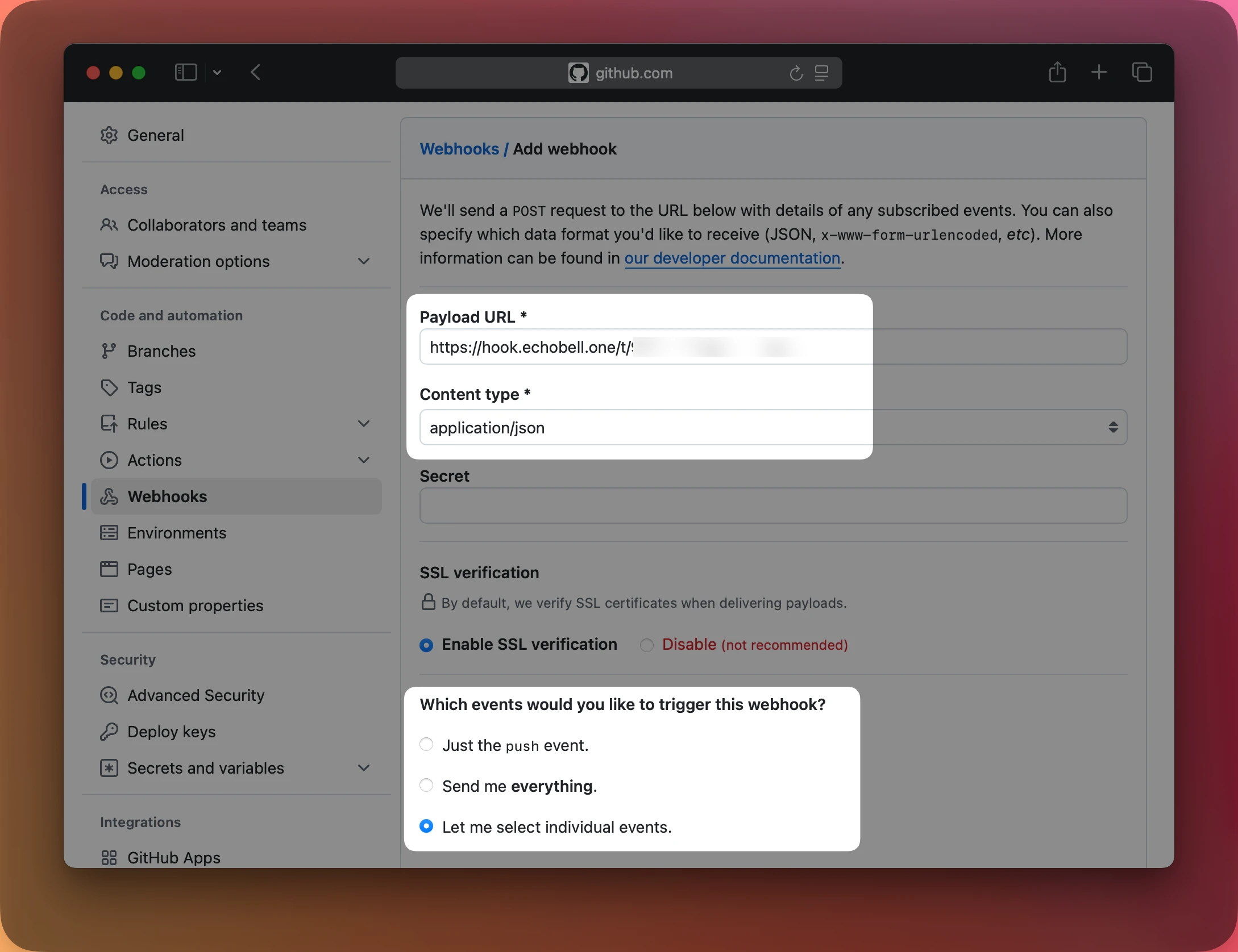 GitHub 的 Webhook 添加界面